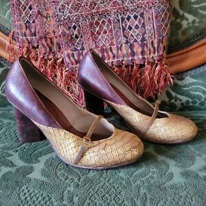 Vintage 30s Style Leather Snakeskin Triangle Offset Wooden Heel Mary Jane Shoes